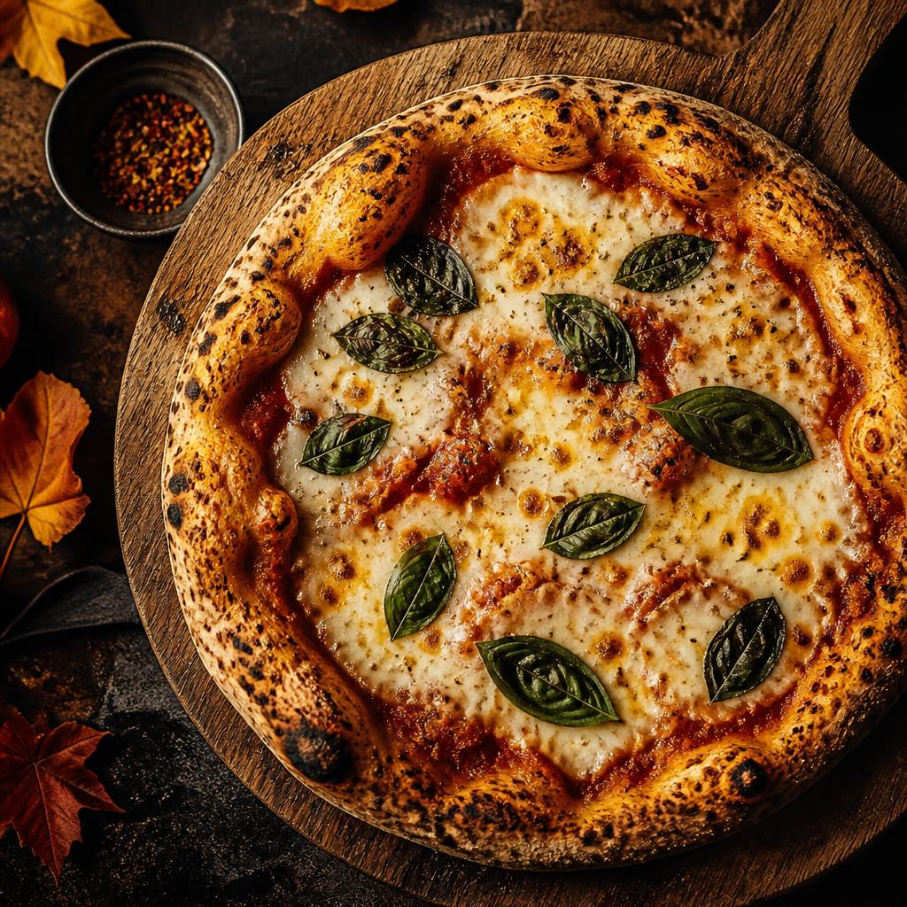 Fresh wood-fired pizza with basil and melted mozzarella